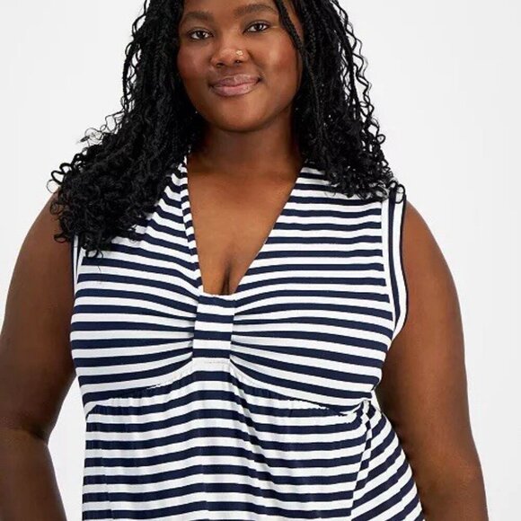 Tommy Hilfiger Womens Plus 2X Navy White Striped Tiered Sleeveless Midi Dress - Picture 3 of 10